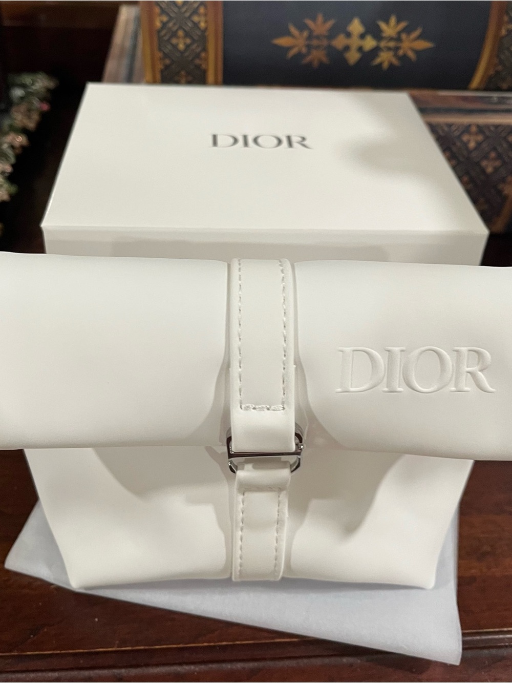 Dior White Embossed Leather Roll Pouch with Silver Buckle